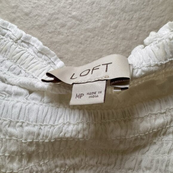 LOFT Midi Dress Medium Petite Stretch White Cotton Short Puff Sleeve - Picture 5 of 7